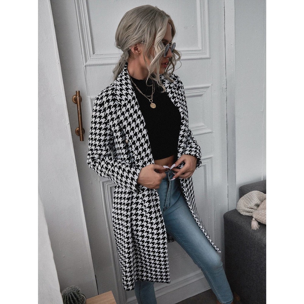 Lapel Collar Double Breasted Houndstooth plaid long pea Coat peacoat trench coat - Picture 5 of 5